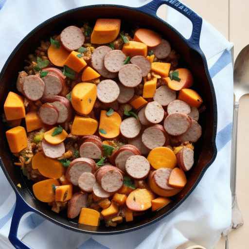 Хаш из яблок и сладкого картофеля с колбасой