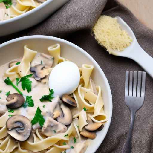 Строганов из курицы и грибов с яичной лапшой и сметаной