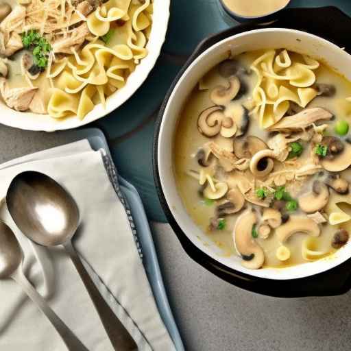 Запеканка из курицы и лапши со сливочным грибным супом