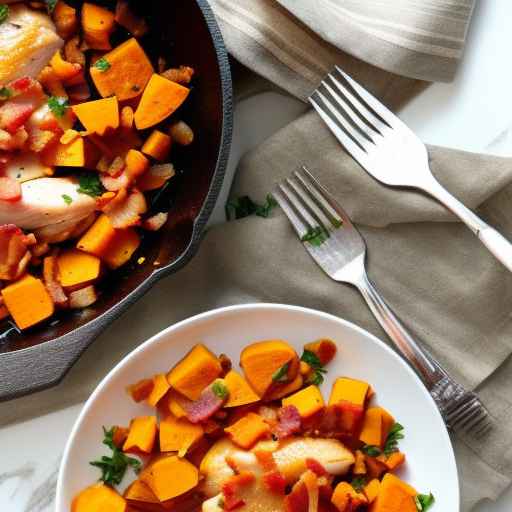 Курица и сладкий картофель с беконом и чесноком