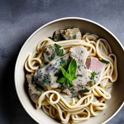 Мясо с лапшой со сливками и травами