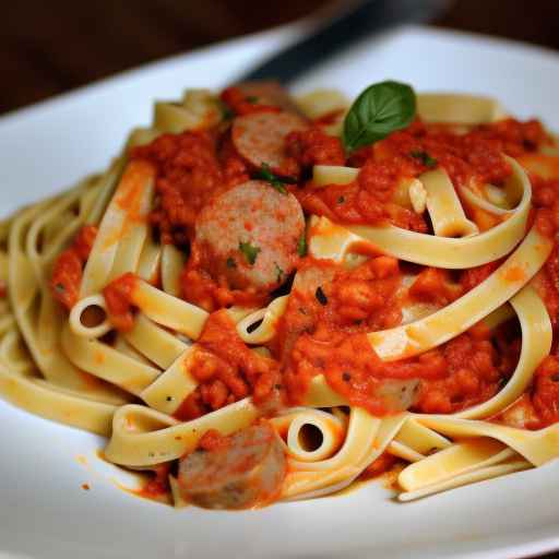 Фетучине с колбасой и соусом из красного перца