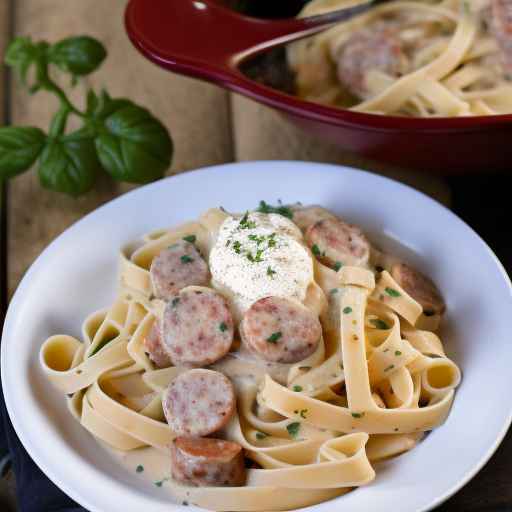 Фетучине с копченой колбасой и томатно-сливочным соусом