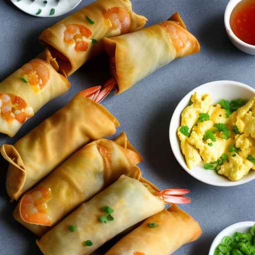 Яичные роллы с креветками в чесночном масле и яичницей