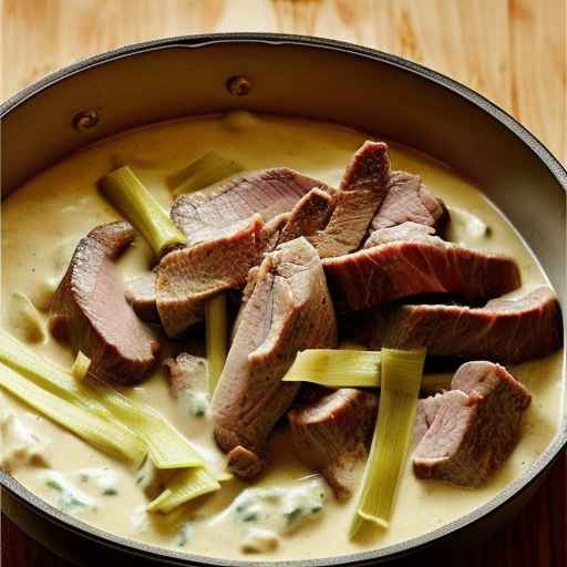 Мясо с луком-пореем в сливочном соусе