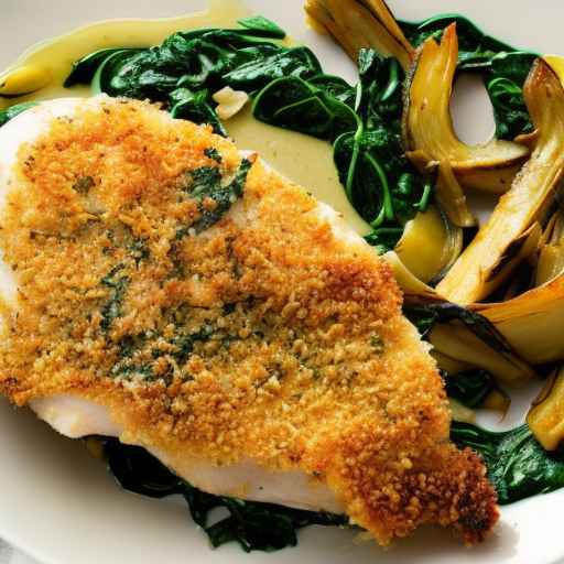Курица с пармезановой корочкой и соусом из шпината и артишоков